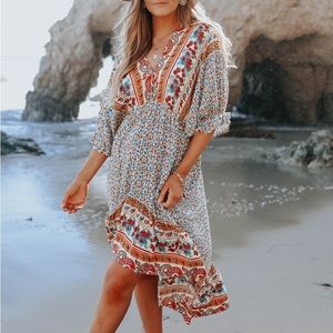 Mediterranean Mixed Floral Border Print Ruffle Hem Maxi Dress